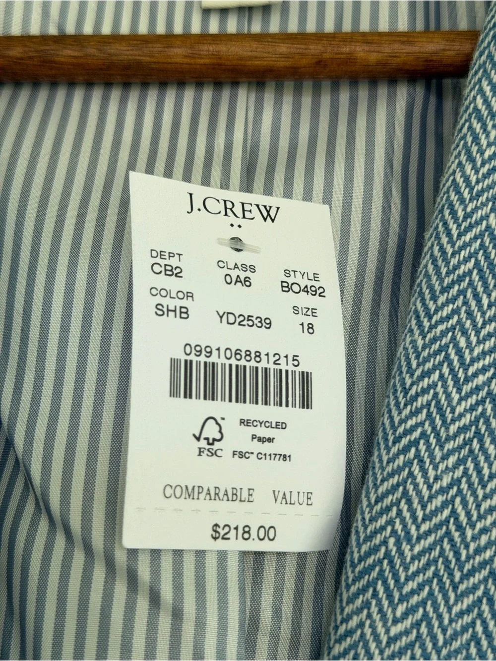 J.Crew Women’s Blue Herringbone Linen Blend Blazer Jacket Size 18 NWT